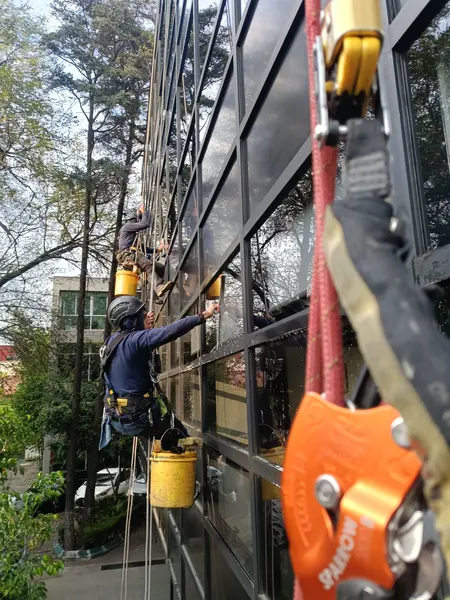 Dos trabajadores junto a una fachada acristalada; el más cercano sostiene un limpiavidrios contra el cristal y hay equipo de cuerda en primer plano.