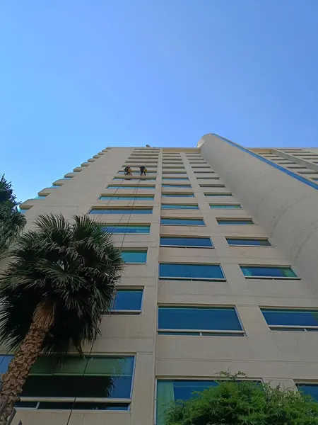 Edificio de varios niveles visto desde la calle, con una palmera en primer plano y trabajadores pequeños cerca de la parte alta.