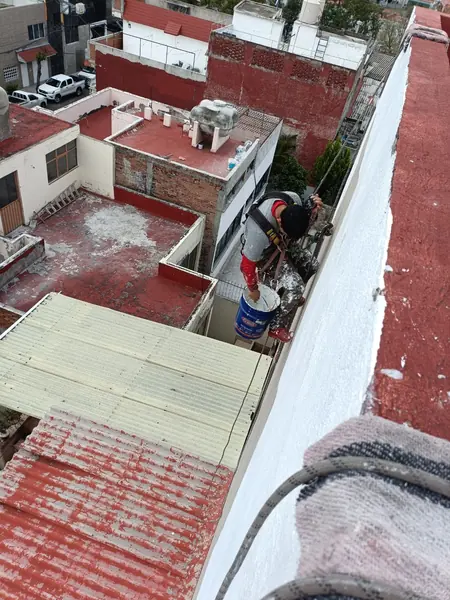 Trabajador suspendido introduce la mano hacia una cubeta azul con material blanco junto a un muro parcialmente cubierto de blanco.